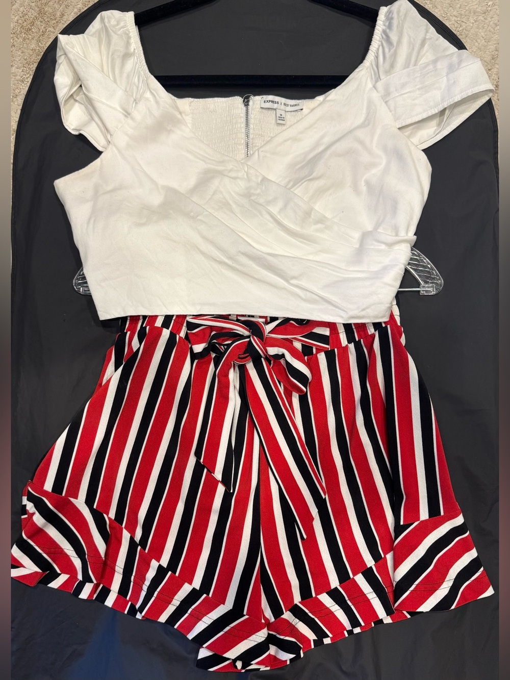 Express White Cropped Wrap Top with Red, Black & White Striped Tie-Waist Shorts
